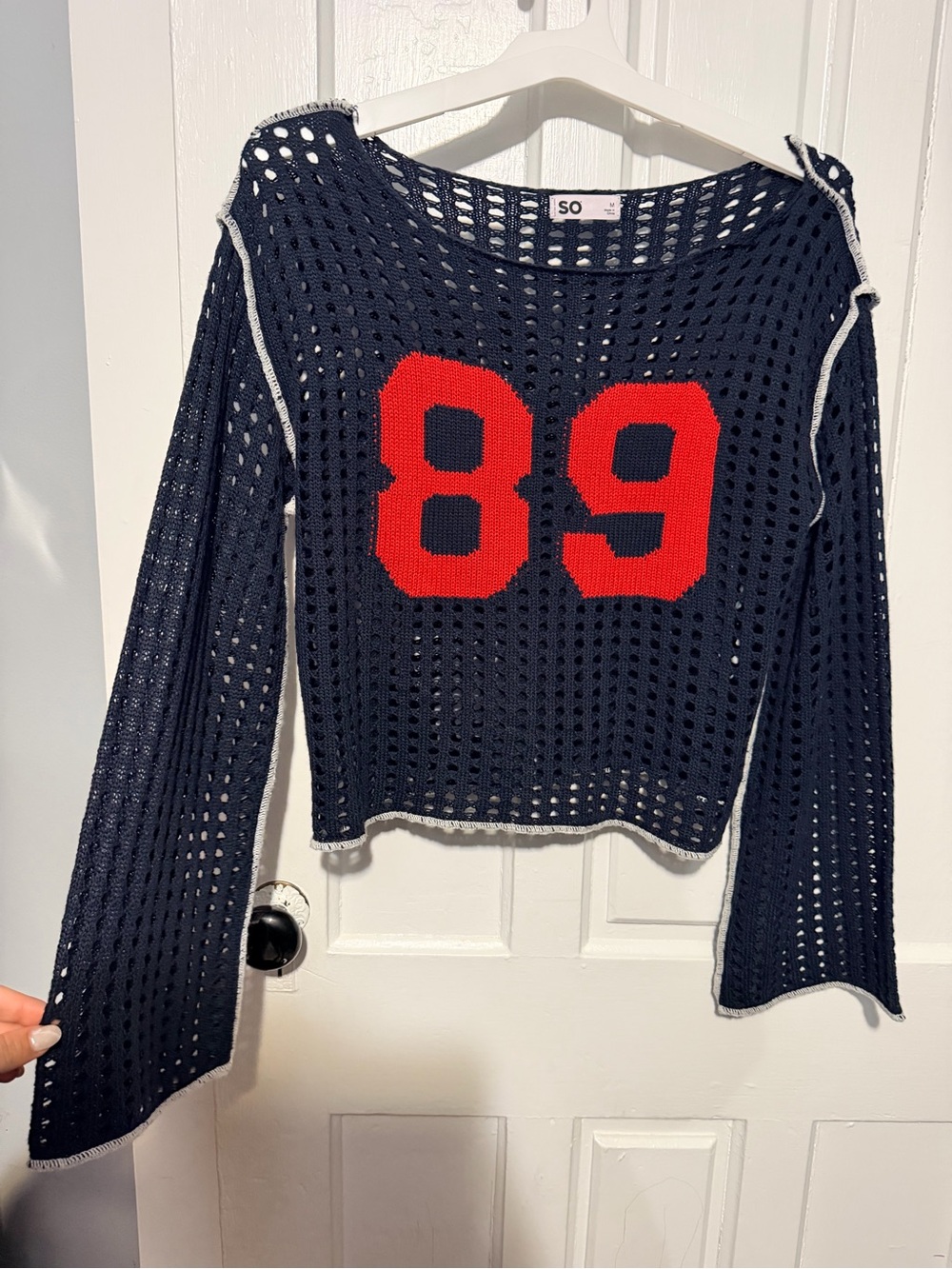 SO Navy Open-Knit Sweater with Red 89